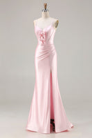 Load image into Gallery viewer, Sparkly Pink Mermaid Ruched Satin Long Corset Prom Dress with Bows