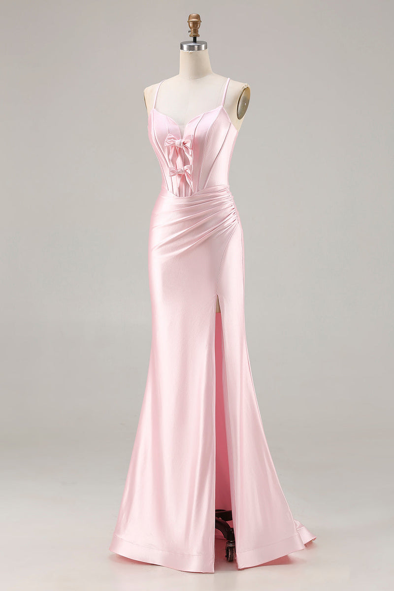 Load image into Gallery viewer, Sparkly Pink Mermaid Ruched Satin Long Corset Prom Dress with Bows