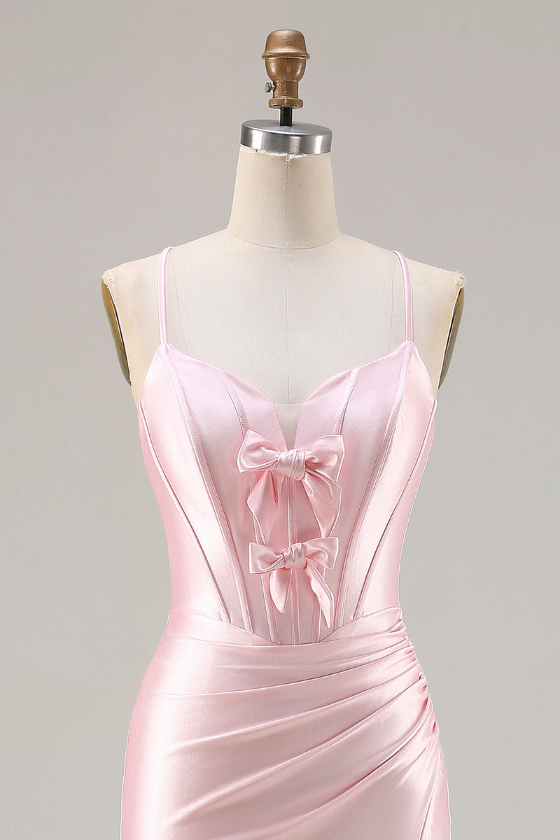 Load image into Gallery viewer, Sparkly Pink Mermaid Ruched Satin Long Corset Prom Dress with Bows