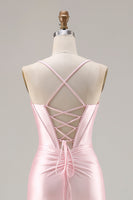 Load image into Gallery viewer, Sparkly Pink Mermaid Ruched Satin Long Corset Prom Dress with Bows