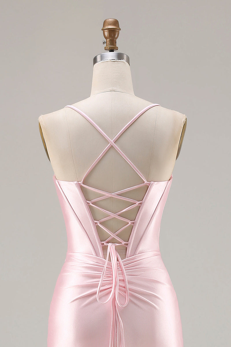 Load image into Gallery viewer, Sparkly Pink Mermaid Ruched Satin Long Corset Prom Dress with Bows