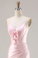 Load image into Gallery viewer, Sparkly Pink Mermaid Ruched Satin Long Corset Prom Dress with Bows