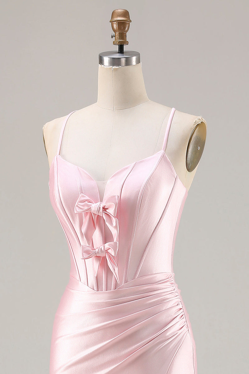 Load image into Gallery viewer, Sparkly Pink Mermaid Ruched Satin Long Corset Prom Dress with Bows