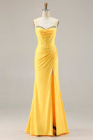 Load image into Gallery viewer, Sparkly Yellow Ruched Mermaid Corset Long Prom Dress with Beading