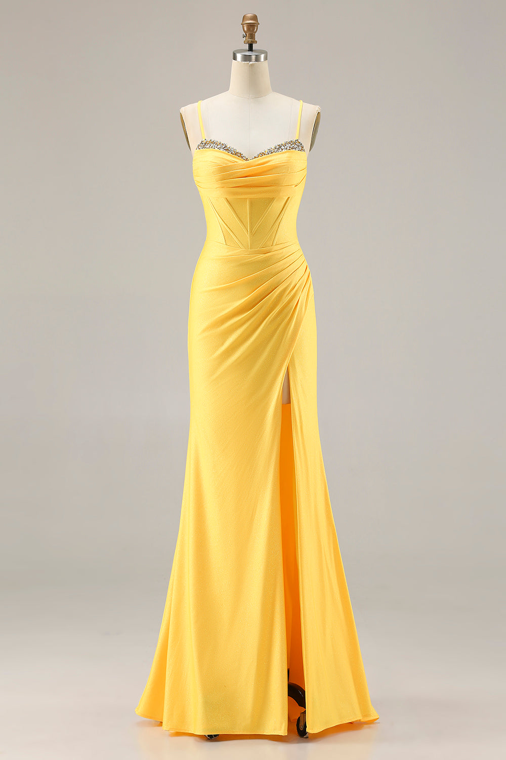 Sparkly Yellow Ruched Mermaid Corset Long Prom Dress with Beading