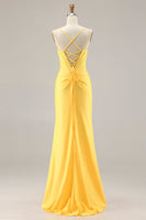 Load image into Gallery viewer, Sparkly Yellow Ruched Mermaid Corset Long Prom Dress with Beading