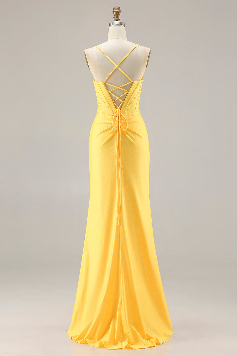 Load image into Gallery viewer, Sparkly Yellow Ruched Mermaid Corset Long Prom Dress with Beading