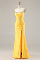 Load image into Gallery viewer, Sparkly Yellow Ruched Mermaid Corset Long Prom Dress with Beading