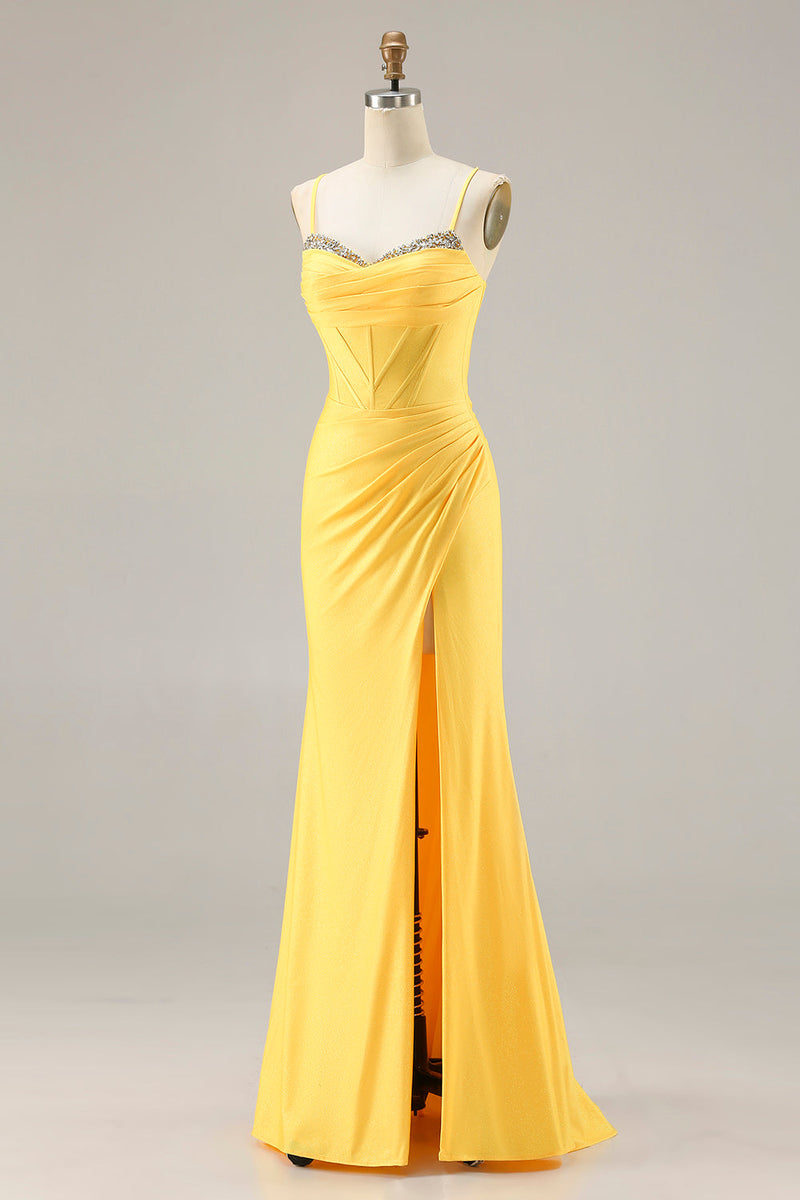Load image into Gallery viewer, Sparkly Yellow Ruched Mermaid Corset Long Prom Dress with Beading
