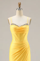 Load image into Gallery viewer, Sparkly Yellow Ruched Mermaid Corset Long Prom Dress with Beading