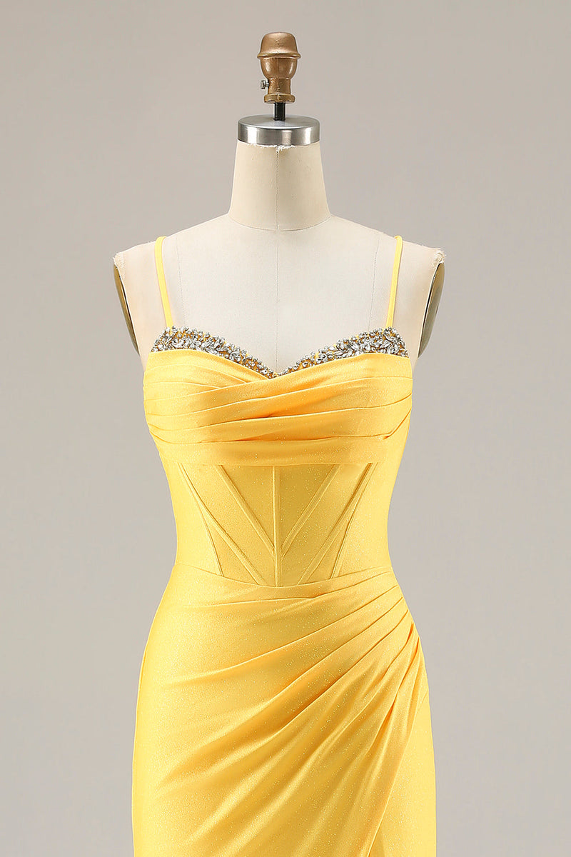 Load image into Gallery viewer, Sparkly Yellow Ruched Mermaid Corset Long Prom Dress with Beading