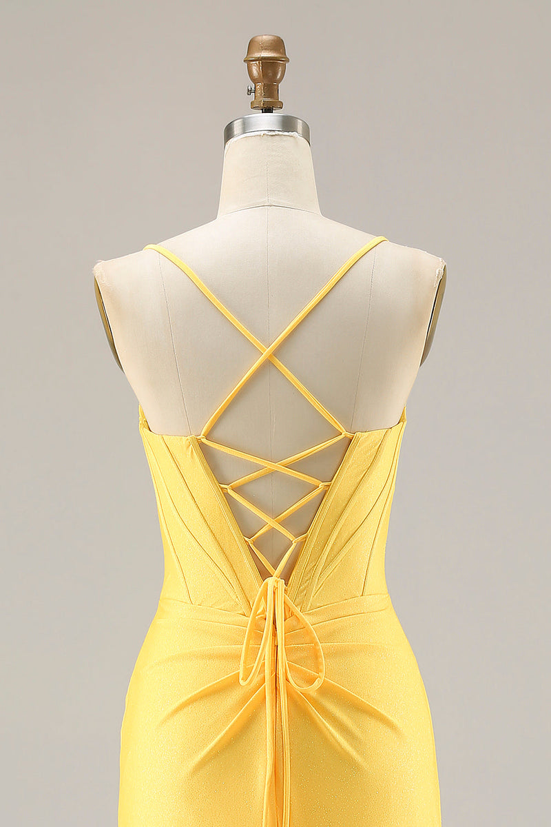 Load image into Gallery viewer, Sparkly Yellow Ruched Mermaid Corset Long Prom Dress with Beading