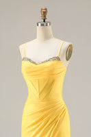 Load image into Gallery viewer, Sparkly Yellow Ruched Mermaid Corset Long Prom Dress with Beading