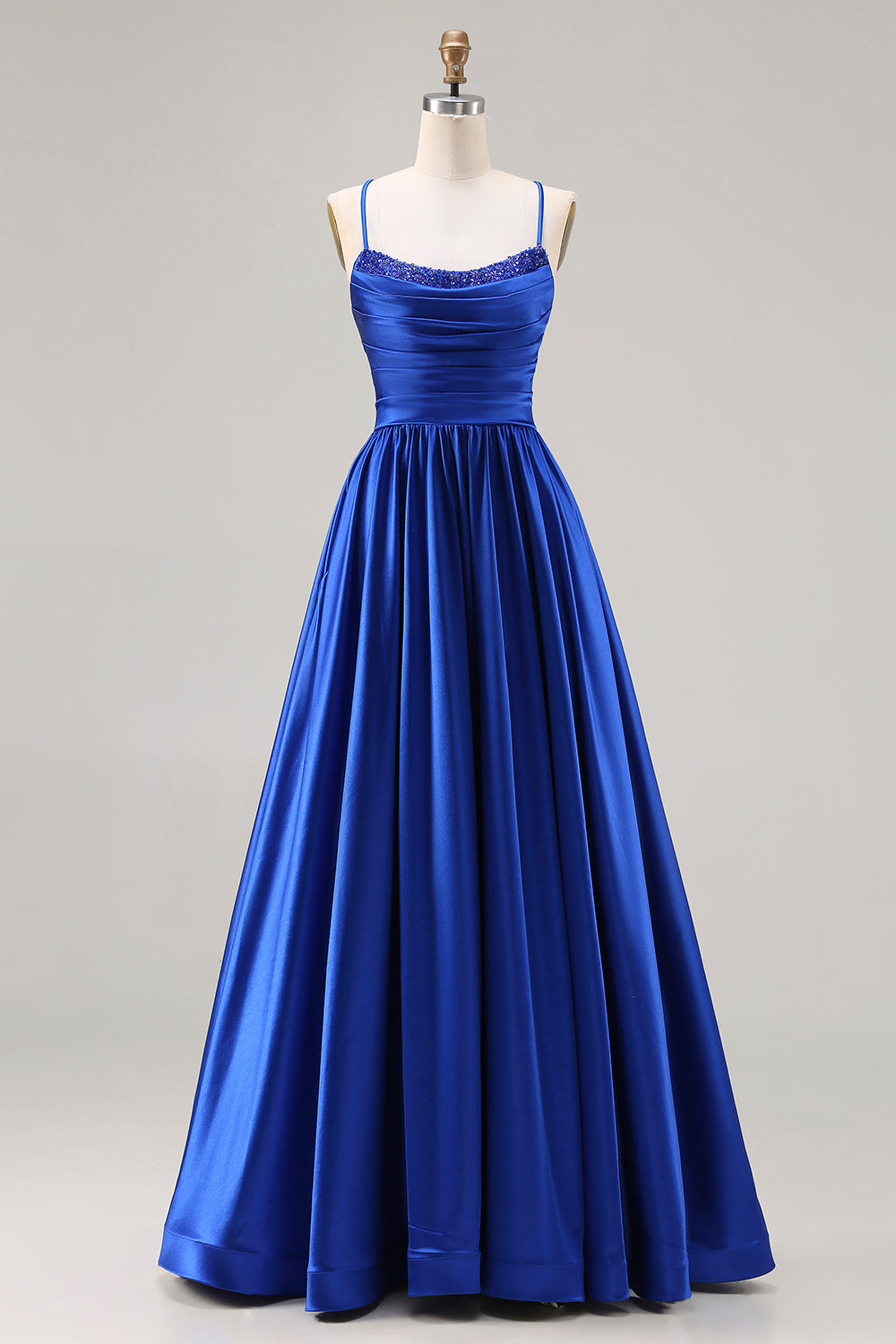 Royal Blue A Line Spaghetti Straps Satin Long Prom Dress with Beading