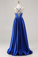 Load image into Gallery viewer, Royal Blue A Line Spaghetti Straps Satin Long Prom Dress with Beading
