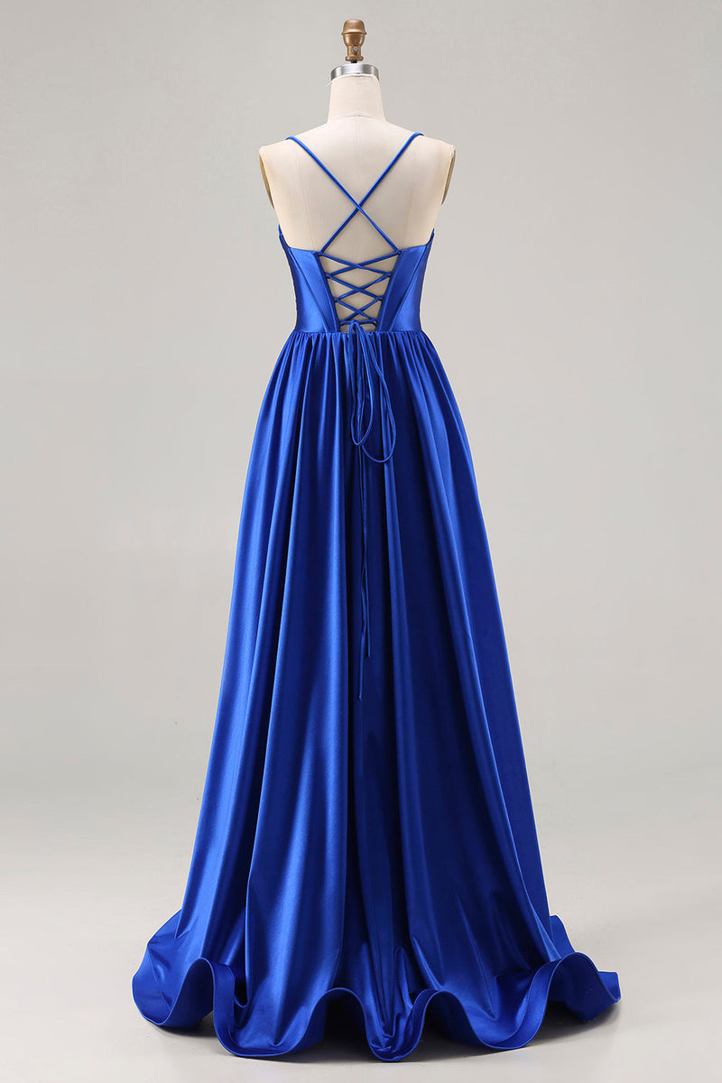 Load image into Gallery viewer, Royal Blue A Line Spaghetti Straps Satin Long Prom Dress with Beading