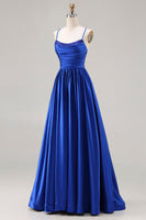 Load image into Gallery viewer, Royal Blue A Line Spaghetti Straps Satin Long Prom Dress with Beading