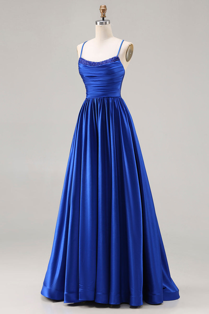 Load image into Gallery viewer, Royal Blue A Line Spaghetti Straps Satin Long Prom Dress with Beading