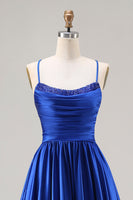 Load image into Gallery viewer, Royal Blue A Line Spaghetti Straps Satin Long Prom Dress with Beading