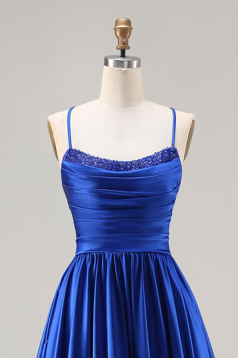 Load image into Gallery viewer, Royal Blue A Line Spaghetti Straps Satin Long Prom Dress with Beading