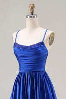 Load image into Gallery viewer, Royal Blue A Line Spaghetti Straps Satin Long Prom Dress with Beading