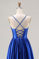 Load image into Gallery viewer, Royal Blue A Line Spaghetti Straps Satin Long Prom Dress with Beading