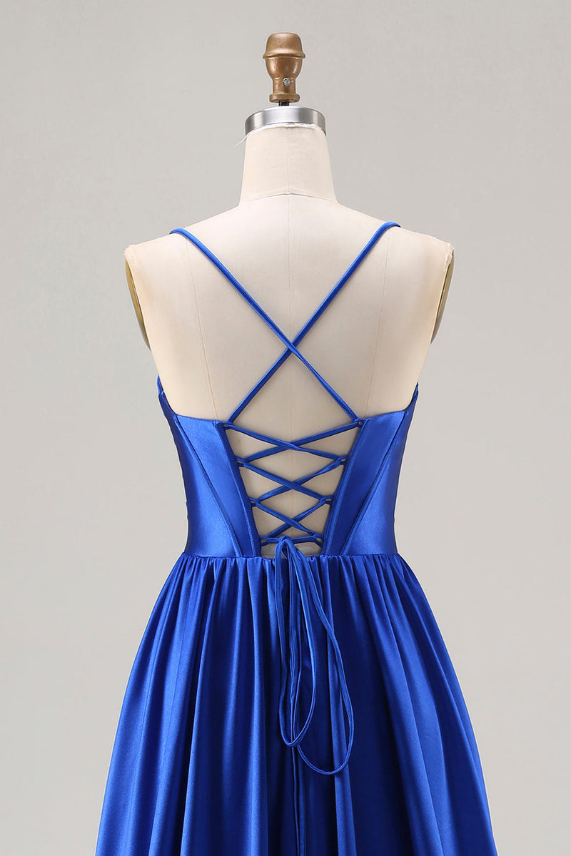 Load image into Gallery viewer, Royal Blue A Line Spaghetti Straps Satin Long Prom Dress with Beading