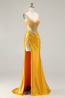 Load image into Gallery viewer, Sparkly Yellow Satin Ruched Mermaid Long Corset Prom Dress with Slit