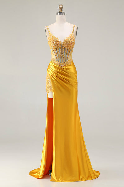 Sparkly Yellow Satin Ruched Mermaid Long Corset Prom Dress with Slit