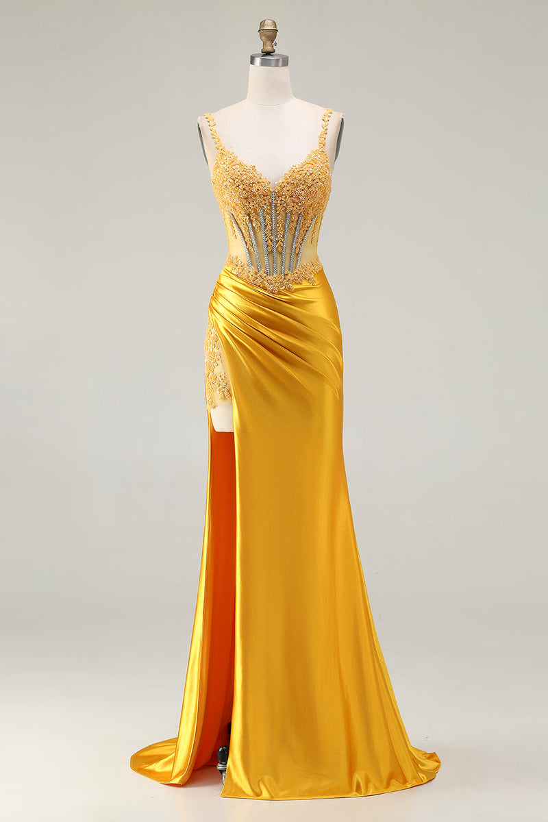 Load image into Gallery viewer, Sparkly Yellow Satin Ruched Mermaid Long Corset Prom Dress with Slit