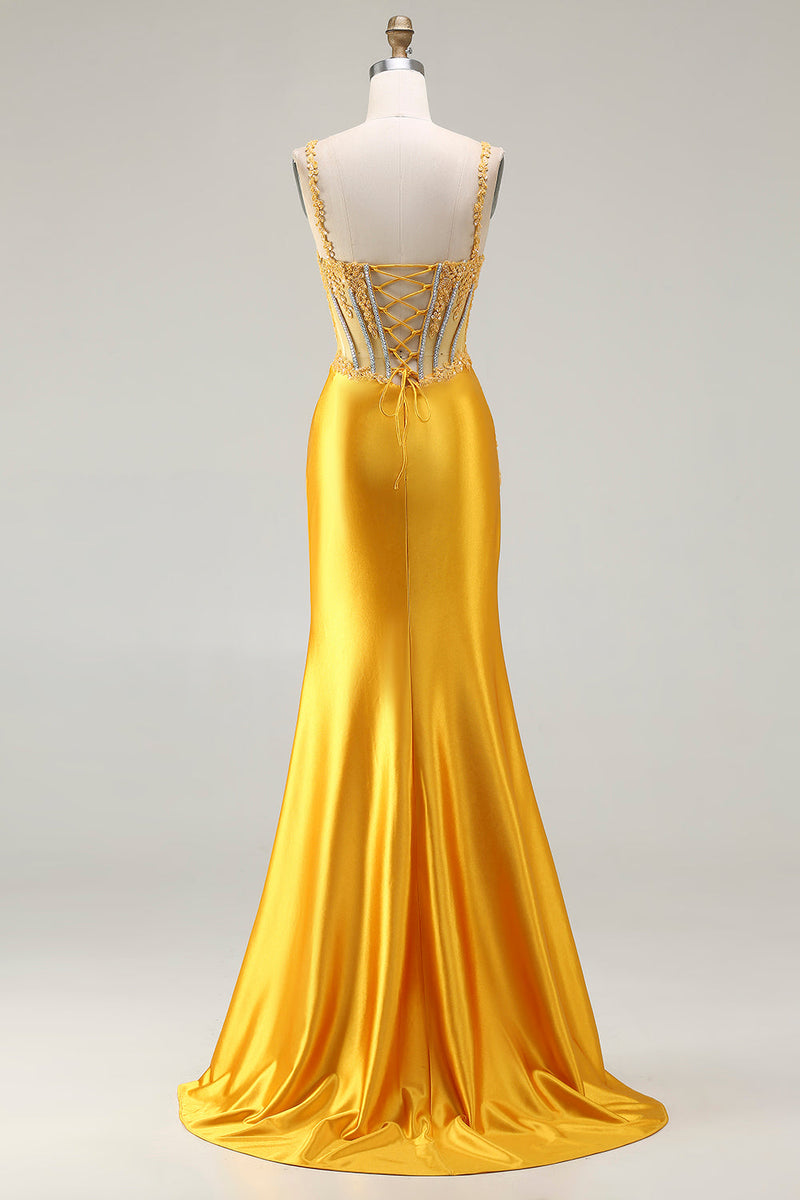 Load image into Gallery viewer, Sparkly Yellow Satin Ruched Mermaid Long Corset Prom Dress with Slit