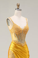 Load image into Gallery viewer, Sparkly Yellow Satin Ruched Mermaid Long Corset Prom Dress with Slit