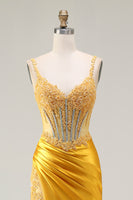 Load image into Gallery viewer, Sparkly Yellow Satin Ruched Mermaid Long Corset Prom Dress with Slit