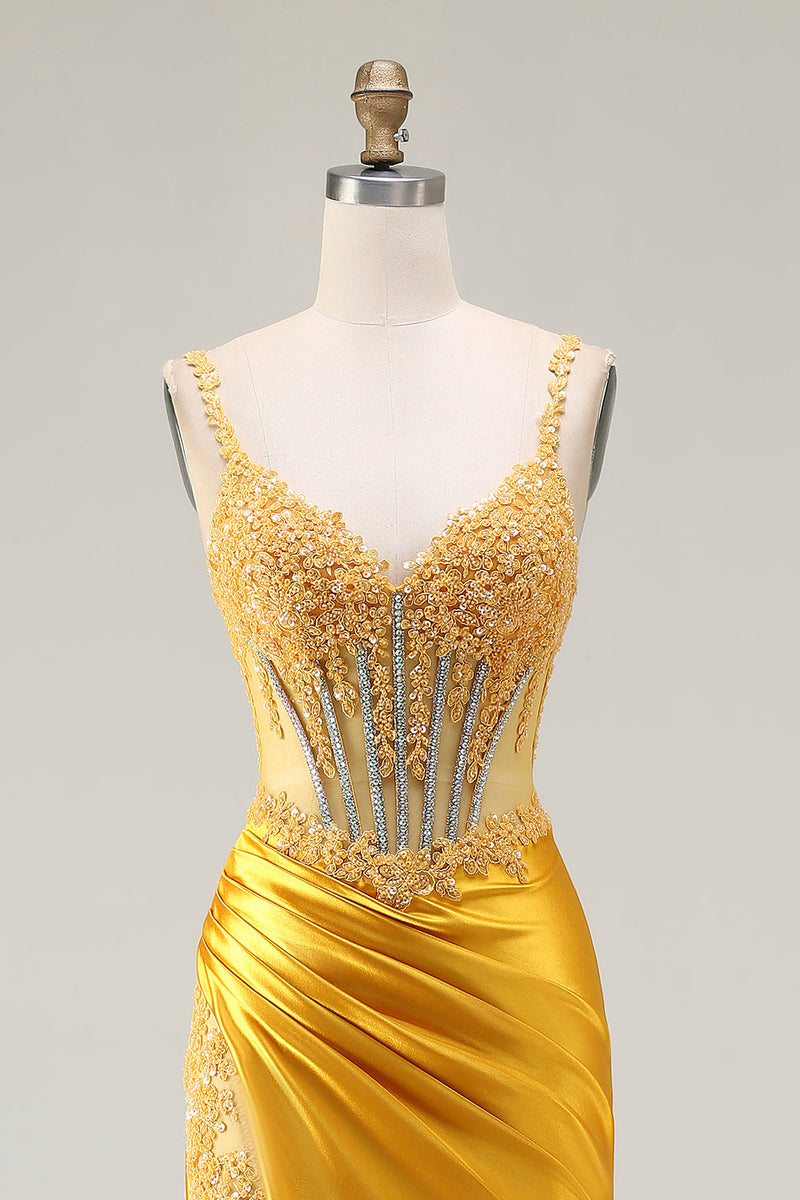 Load image into Gallery viewer, Sparkly Yellow Satin Ruched Mermaid Long Corset Prom Dress with Slit