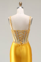 Load image into Gallery viewer, Sparkly Yellow Satin Ruched Mermaid Long Corset Prom Dress with Slit