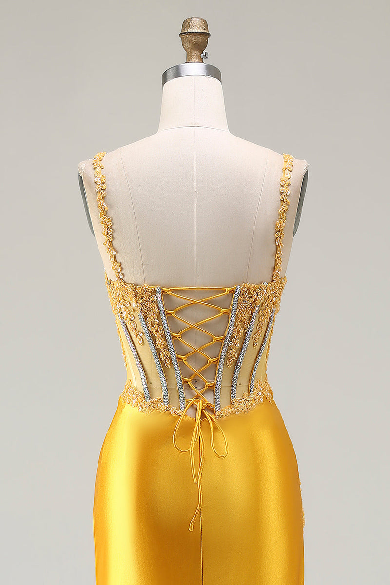 Load image into Gallery viewer, Sparkly Yellow Satin Ruched Mermaid Long Corset Prom Dress with Slit