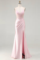 Load image into Gallery viewer, Sparkly Pink Satin Mermaid Long Corset Prom Dress with Slit