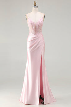 Sparkly Pink Satin Mermaid Long Corset Prom Dress with Slit