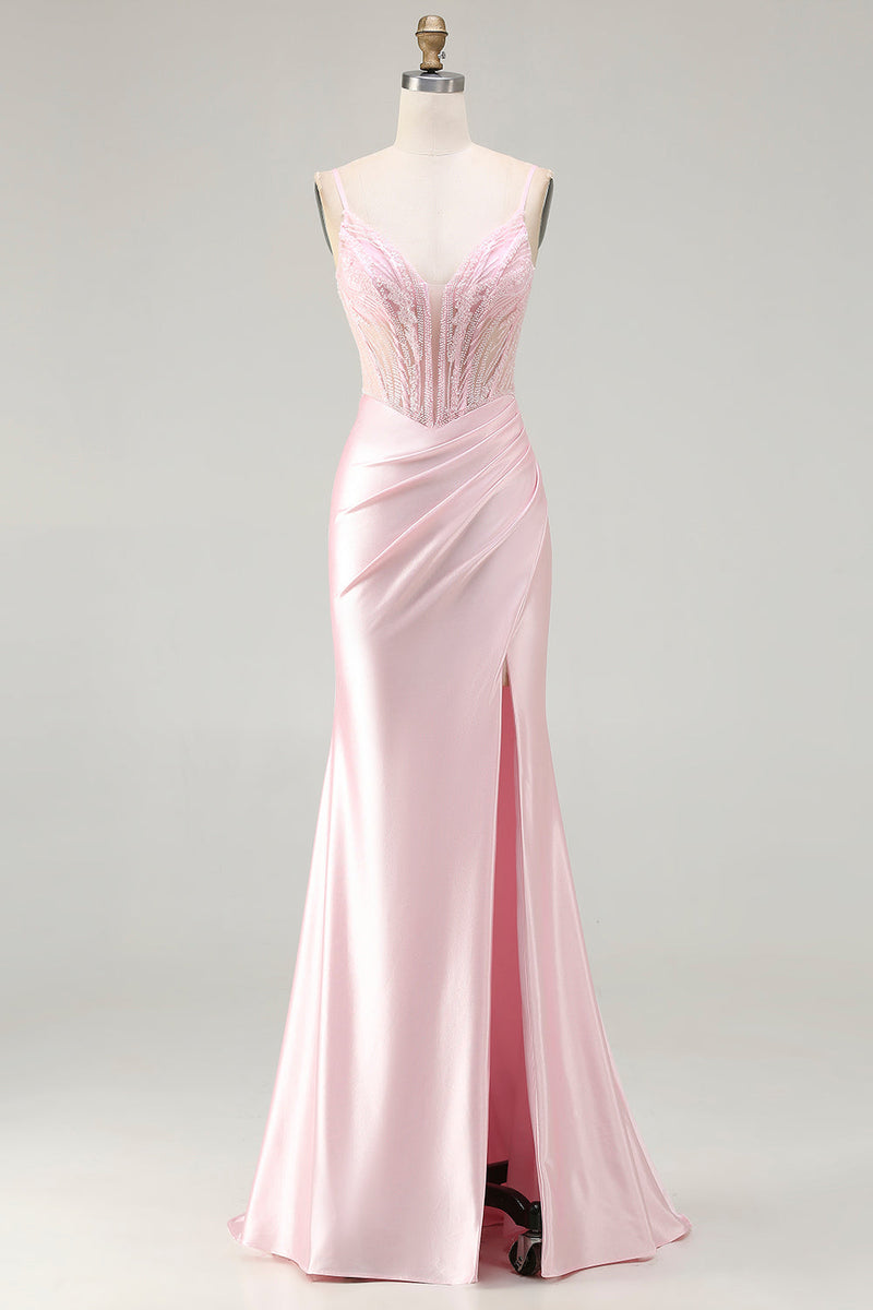 Load image into Gallery viewer, Sparkly Pink Satin Mermaid Long Corset Prom Dress with Slit