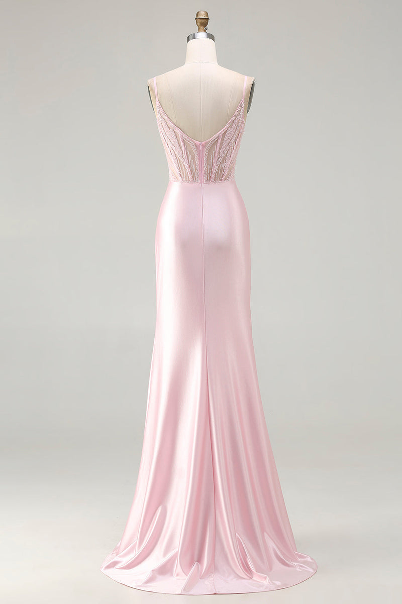 Load image into Gallery viewer, Sparkly Pink Satin Mermaid Long Corset Prom Dress with Slit