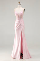 Load image into Gallery viewer, Sparkly Pink Satin Mermaid Long Corset Prom Dress with Slit