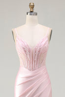 Load image into Gallery viewer, Sparkly Pink Satin Mermaid Long Corset Prom Dress with Slit