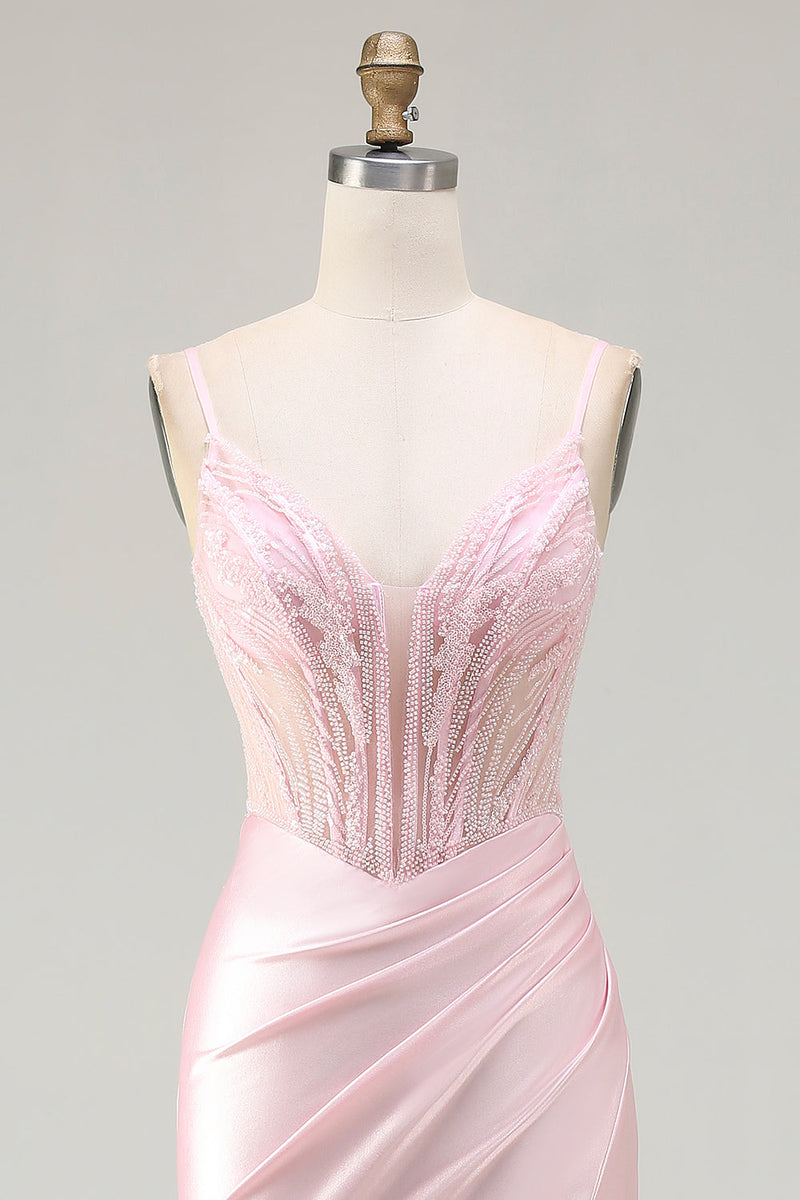 Load image into Gallery viewer, Sparkly Pink Satin Mermaid Long Corset Prom Dress with Slit