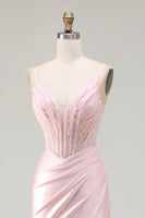 Load image into Gallery viewer, Sparkly Pink Satin Mermaid Long Corset Prom Dress with Slit