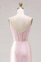 Load image into Gallery viewer, Sparkly Pink Satin Mermaid Long Corset Prom Dress with Slit