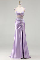 Load image into Gallery viewer, Sparkly Floral Sequin Light Purple Long Corset Prom Dress with Slit
