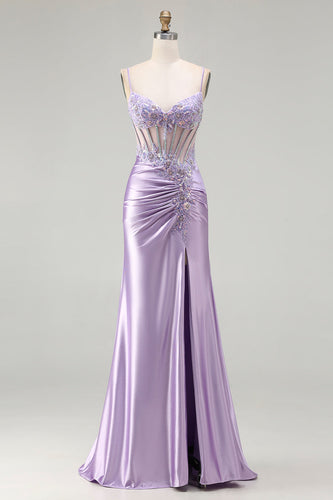 Sparkly Floral Sequin Light Purple Long Corset Prom Dress with Slit