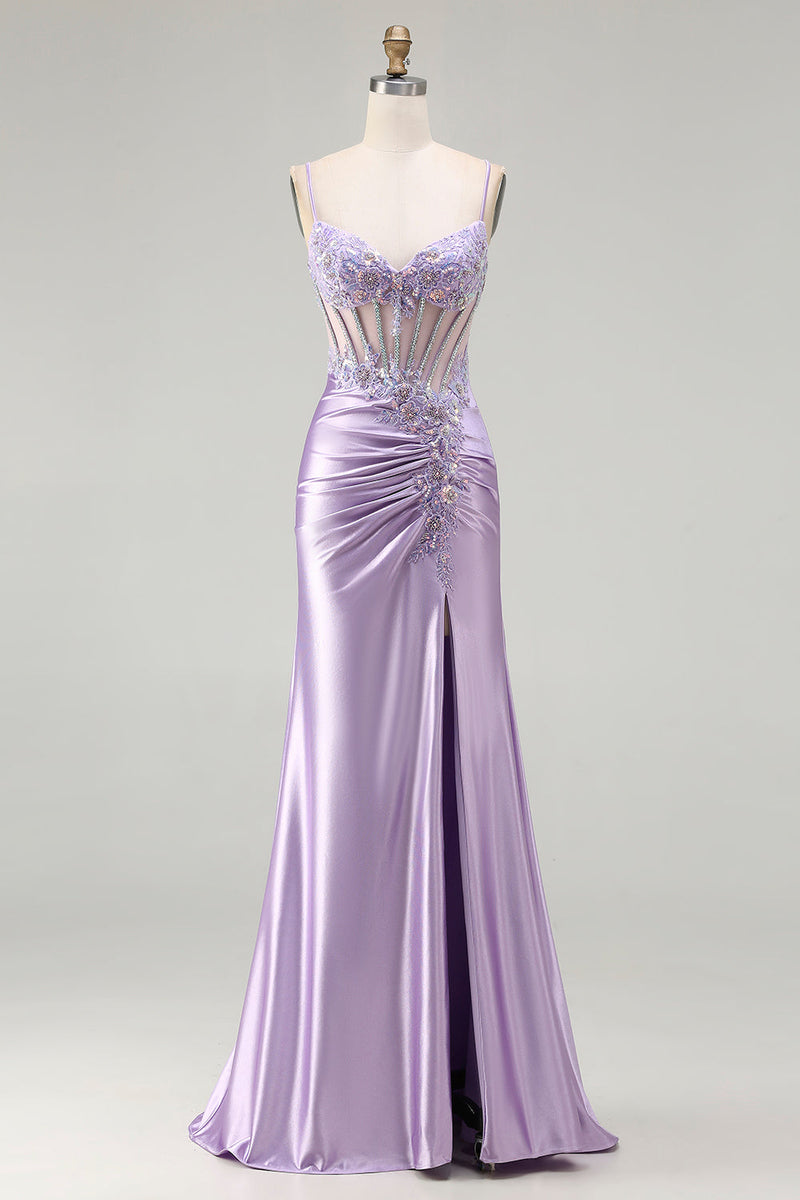 Load image into Gallery viewer, Sparkly Floral Sequin Light Purple Long Corset Prom Dress with Slit