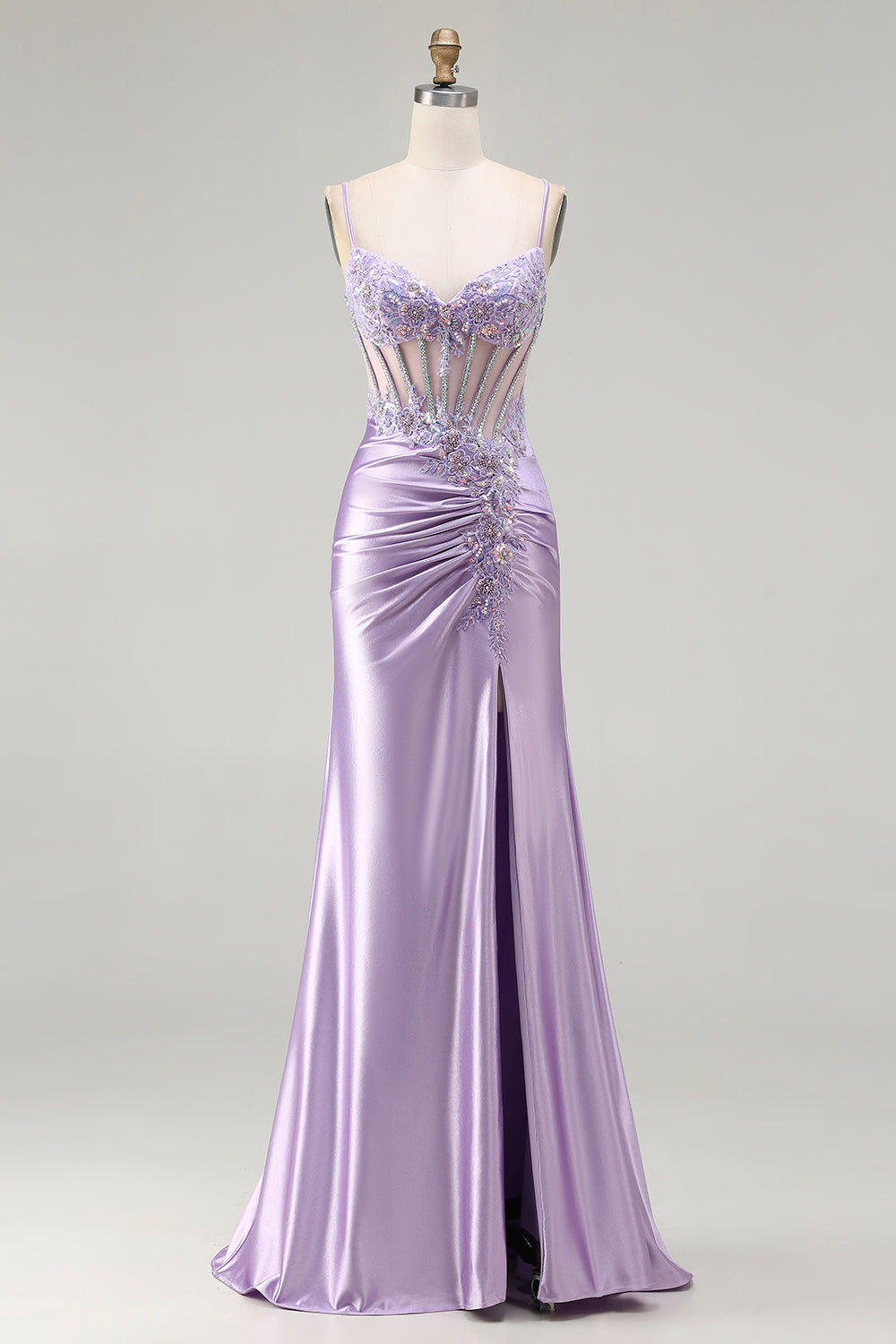 Sparkly Floral Sequin Light Purple Long Corset Prom Dress with Slit