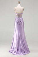 Load image into Gallery viewer, Sparkly Floral Sequin Light Purple Long Corset Prom Dress with Slit
